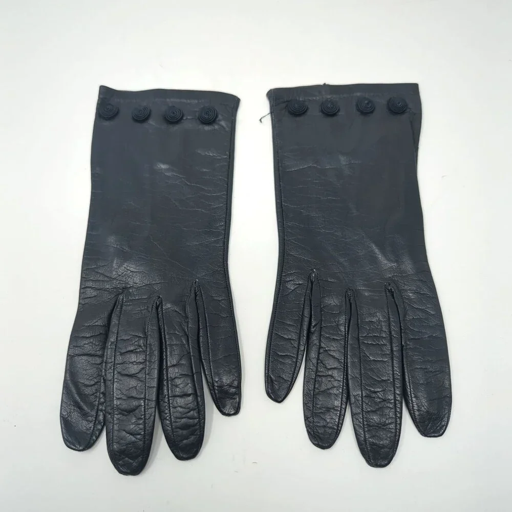 Vintage Antique Black Leather Gloves Wrist Rosettes